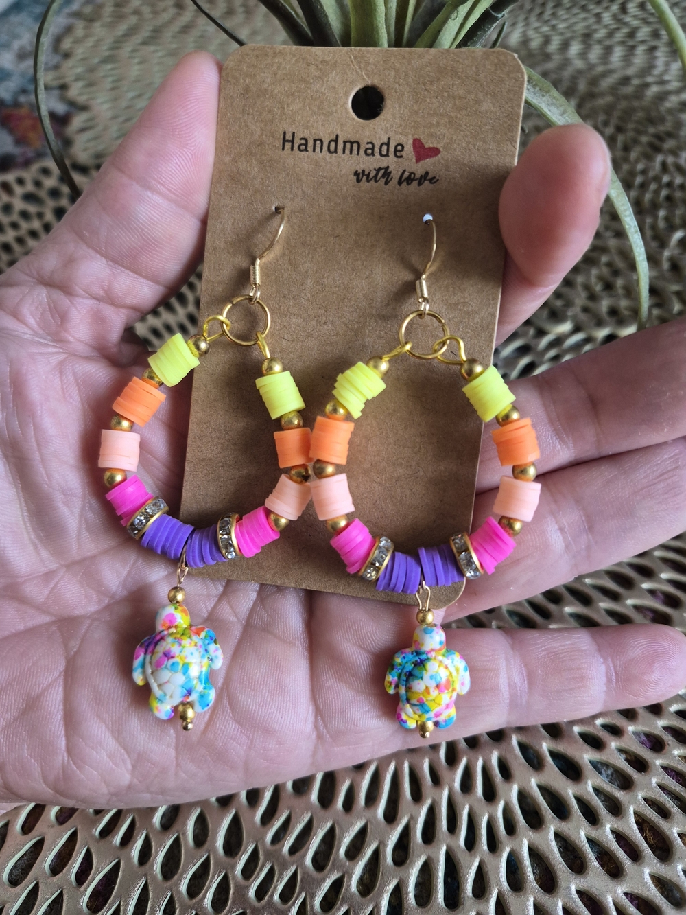 Handmade Colorful Bead Hoop Earrings with Turtle Charms